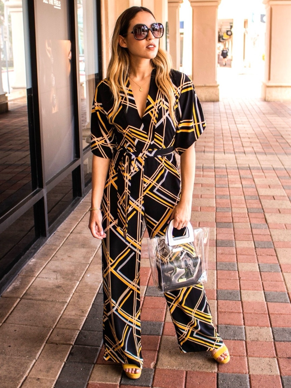 Forever 21 Black Yellow Geometric Print V Neck Jumpsuit with a Sash Size S NWT